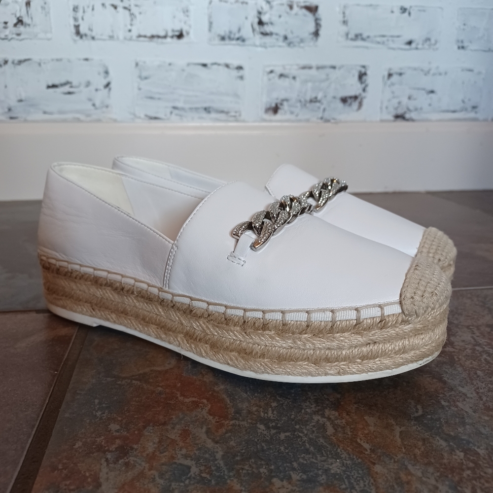 Karl Lagerfeld White Leather Espadrille Slip-On with Silver Chain Without box